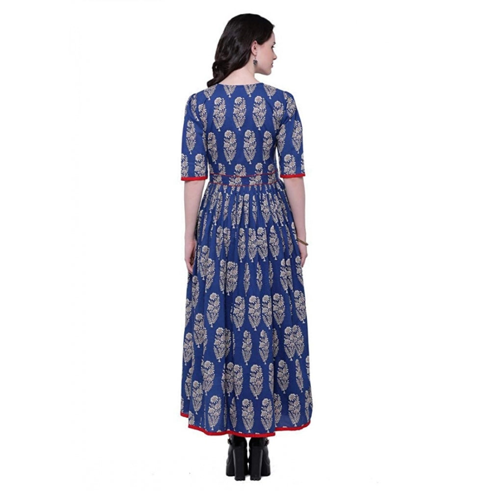 Generic Women's Cotton Printed Anarkali Kurti (Blue, Cotton)