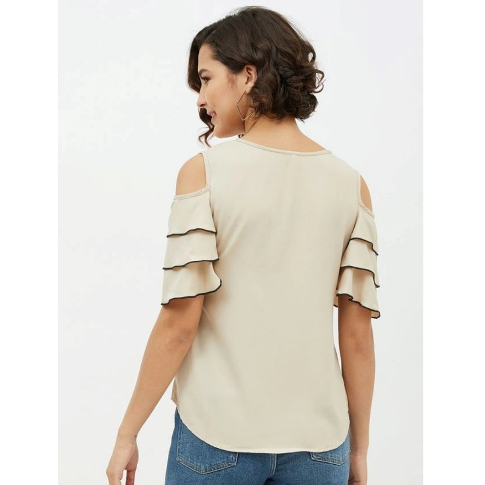 Generic Women's Polyester Tiered Cold Shoulder Top (Beige)