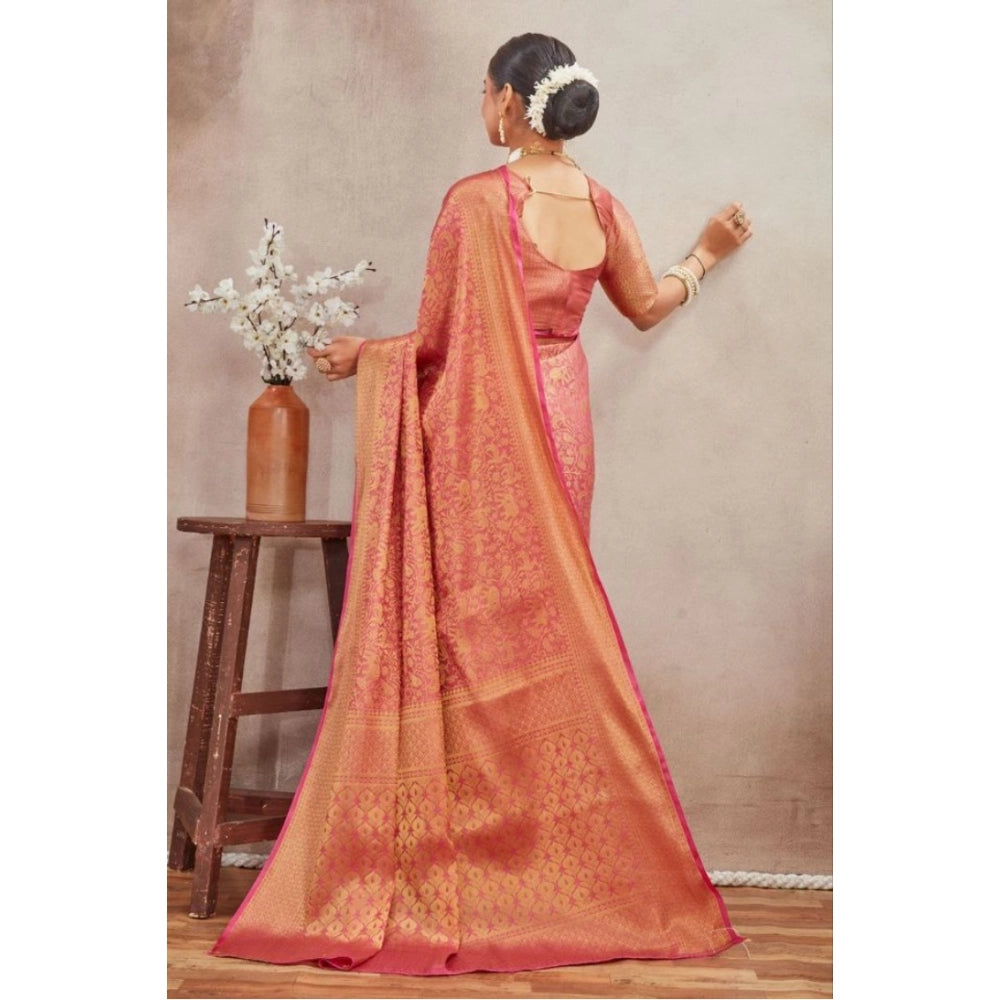 Generic Women's Silk Blend Floral Printed Saree With Unstitched Blouse 5.5Mtr (Peach)