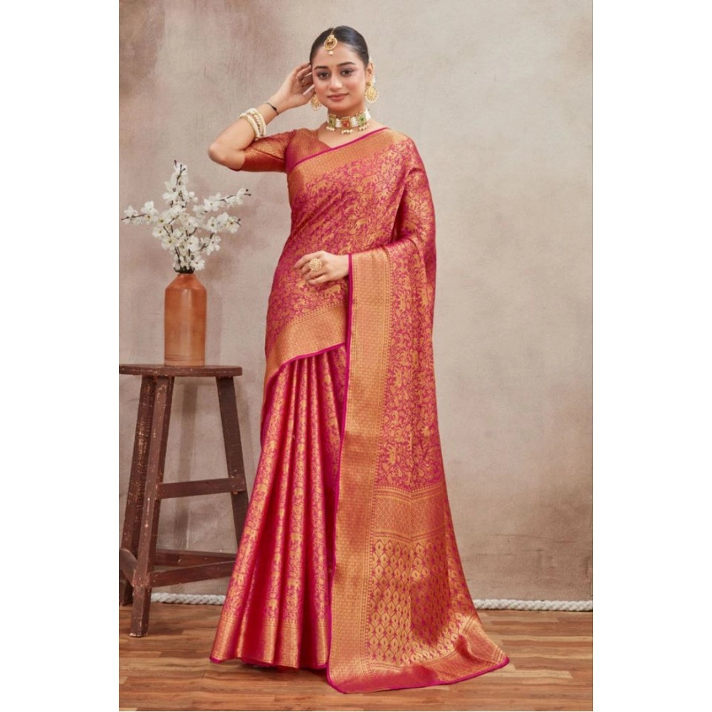 Generic Women's Silk Blend Floral Printed Saree With Unstitched Blouse 5.5Mtr (Pink)