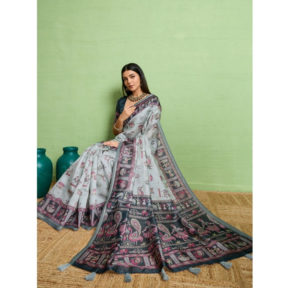 Generic Women's Silk Blend Printed Saree With Unstitched Blouse 5.5Mtr (Grey)