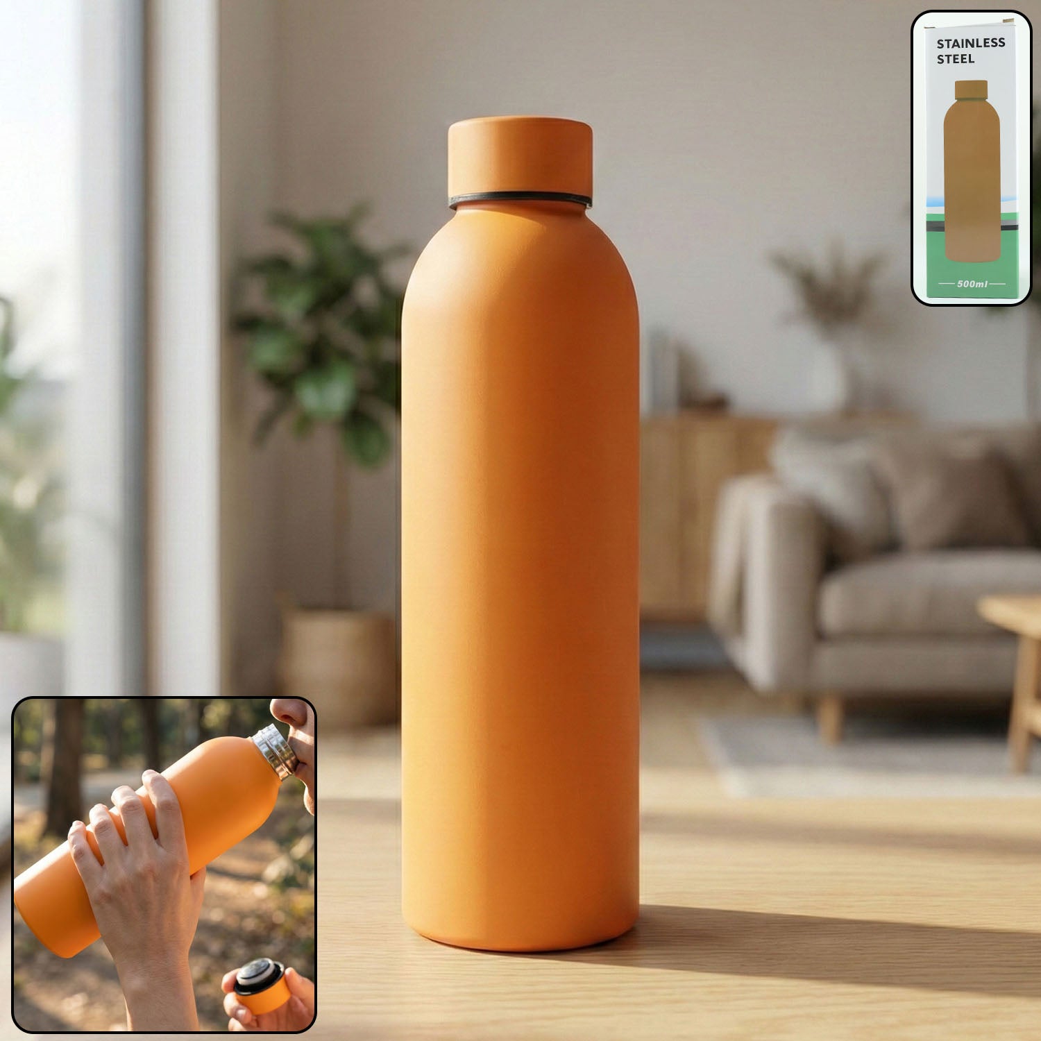 Stainless Steel Double Wall Vacuum-insulated Drink Water (Orange  500 Ml Approx)